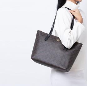 COACH蔻驰30老花托特包大号女款深棕色