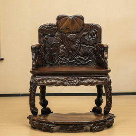 清 红木满雕荷花纹带脚踏宝座