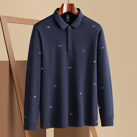 罗蒙秋冬男士Polo衫满印含羊毛蚕丝休闲百搭双面磨毛polo衫男长袖t恤男 商品图3