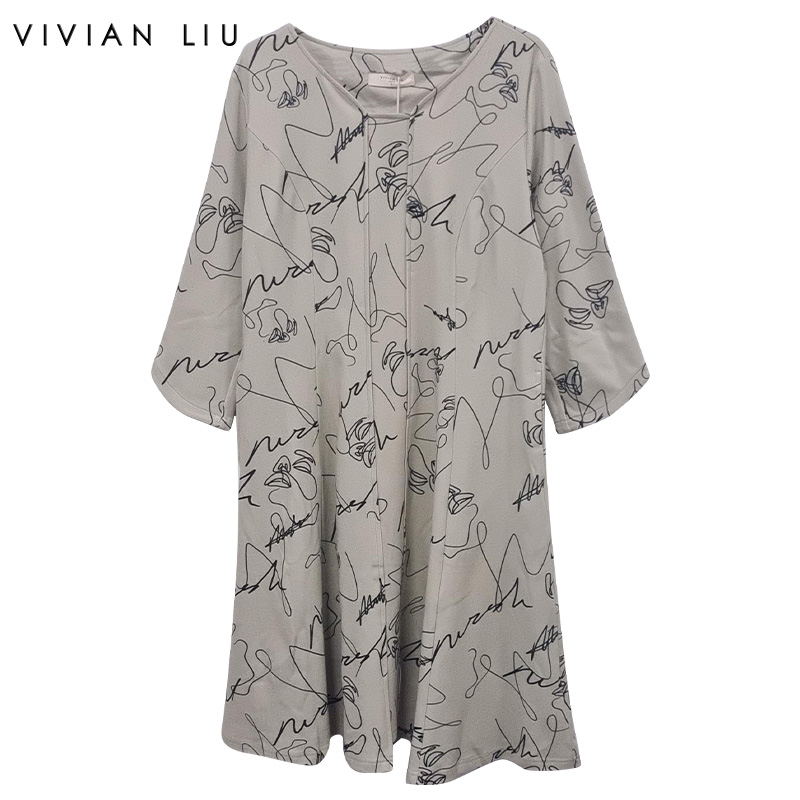VIVIAN LIU Y2257403秋女装新款方V领宽松长袖印花针织连衣裙