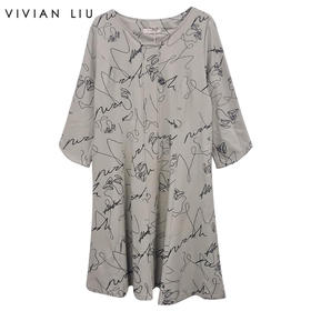 VIVIAN LIU Y2257403秋女装新款方V领宽松长袖印花针织连衣裙