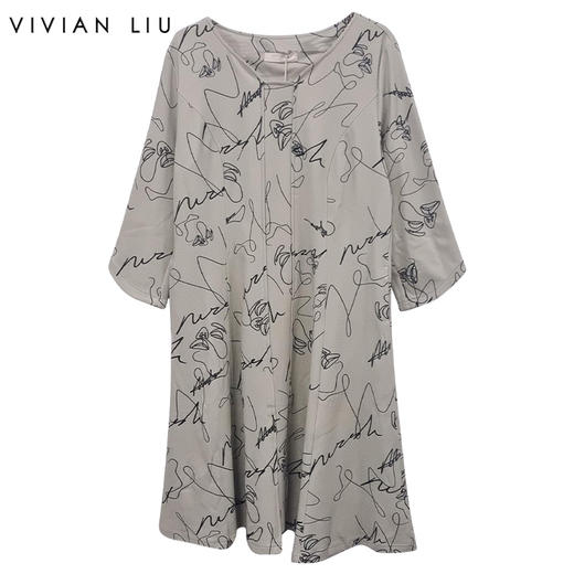 VIVIAN LIU Y2257403秋女装新款方V领宽松长袖印花针织连衣裙 商品图0