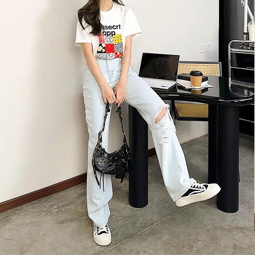 【顺丰包邮】35026 洛诗琳设计感高腰修身破洞直筒牛仔裤女053 商品图3