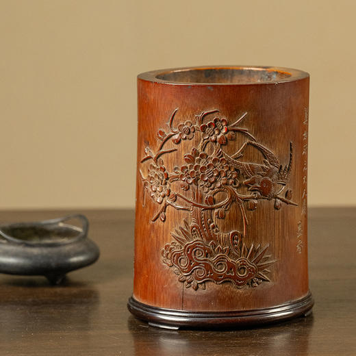 清 竹雕花鸟诗文笔筒 商品图0
