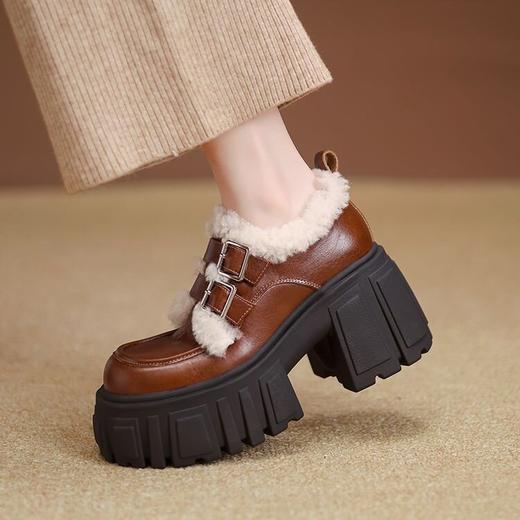 【预售5天】厚底乐福鞋女秋冬新款韩版休闲粗跟加绒加厚一脚蹬黑色小皮鞋ZMXY&ZM5122 商品图3