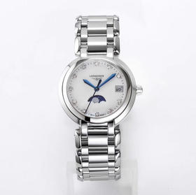 LONGINES浪琴 心月系列 石英机芯 月相镶钻 女表 瑞表 30.5mm 贝母色表盘 精钢表壳 精钢表带（XL）