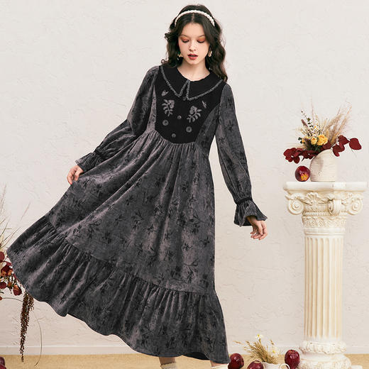 两三事梵高文艺 花语低吟 2024冬季新款绣花拼色荷叶边翻领连衣裙 商品图1