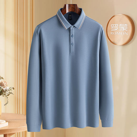 罗蒙秋冬保暖男士Polo衫含羊毛蚕丝双面磨毛撞色领休闲商务长袖polo衫 商品图4