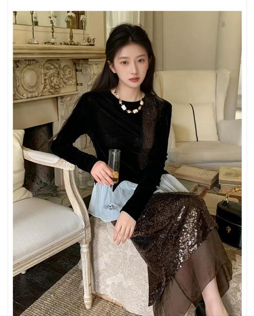 优雅气质丝绒拼接荷叶花边精致美丽衫 商品图6