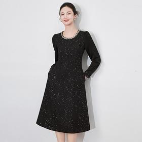 【高货wl】全新升级【铂金会员321/天猫429/差价108】(40646) 洛诗琳秋冬时尚气质长袖点钻圆领镶钻收腰拼接袖连衣裙