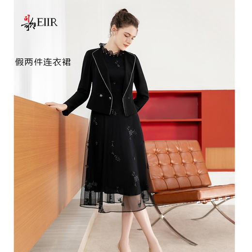 司歌假两件连衣裙网纱刺绣收腰长袖端庄大气A901102X 商品图0