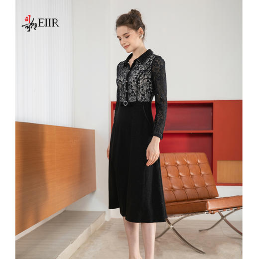 司歌蕾丝长袖连衣裙收腰端庄黑裙A901205X 商品图1