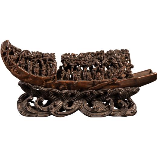 清 竹雕八仙过海人物船形摆件（红木座） 商品图5