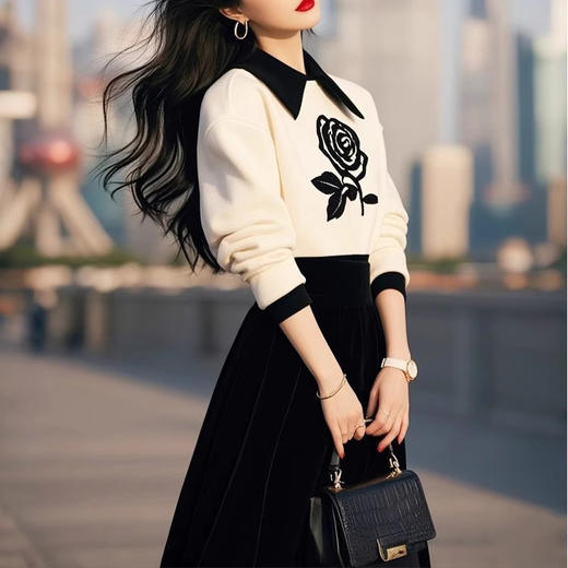 奢姿2024年冬季新款大码女装撞色玫瑰套装胖妹妹小香风半裙两件套9944991985 商品图0