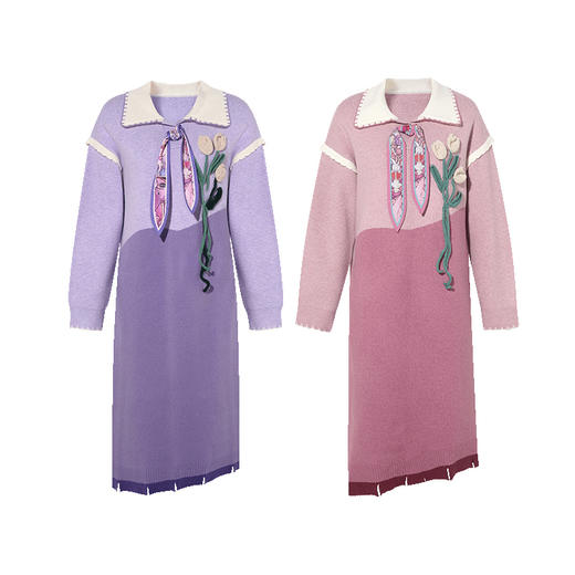 两三事 冬日挽歌 2024冬季新款小清新立体花朵拼色毛衣裙连衣裙 商品图4