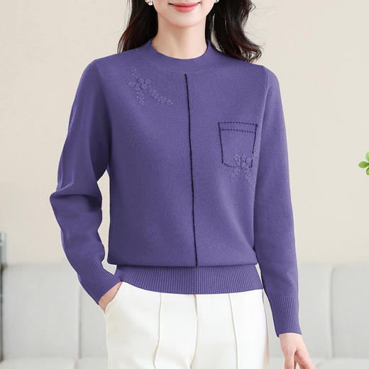 CC-MH-331女士100纯羊毛衫新款2024秋冬季针织打底衫内搭绣花上衣妈妈毛衣 商品图1