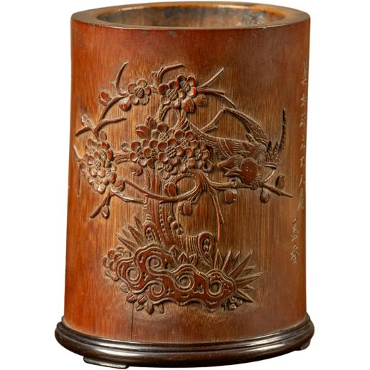 清 竹雕花鸟诗文笔筒 商品图5