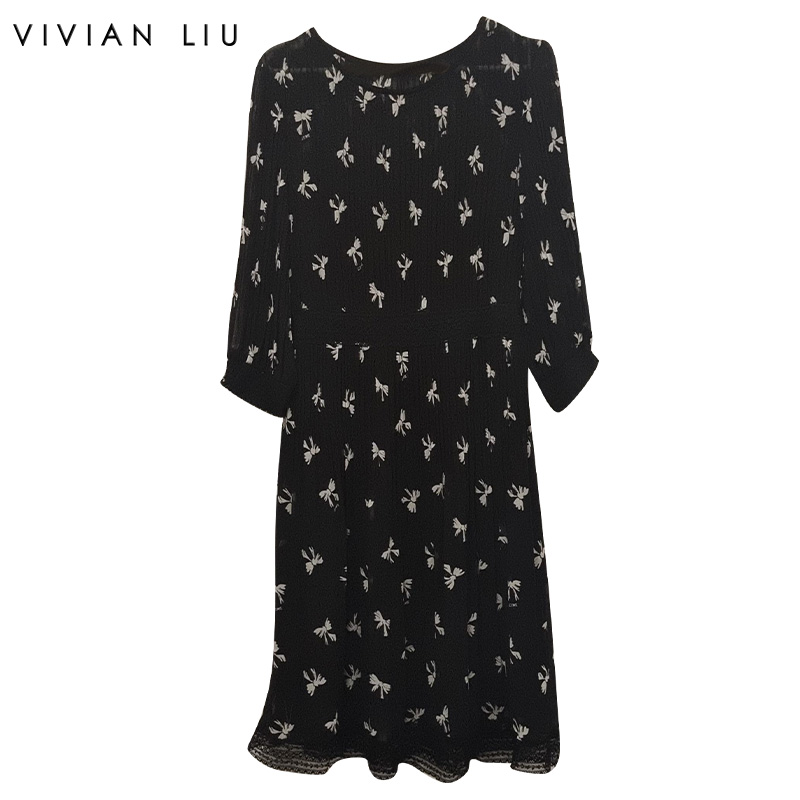 VIVIAN LIU TD2434122夏新款圆领带吊带印花压褶长袖长款连衣裙