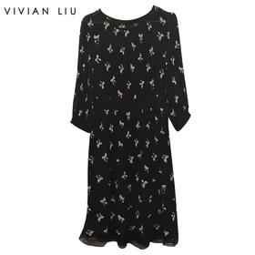 VIVIAN LIU TD2434122夏新款圆领带吊带印花压褶长袖长款连衣裙
