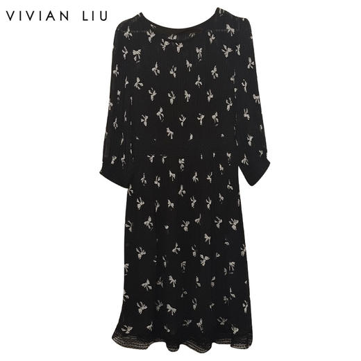 VIVIAN LIU TD2434122夏新款圆领带吊带印花压褶长袖长款连衣裙 商品图0