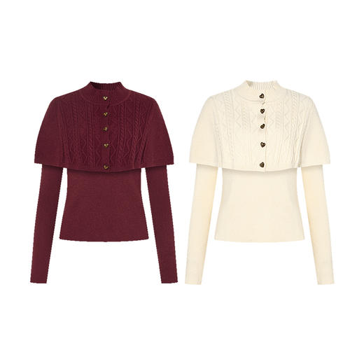 两三事 红莓暮雪 2024冬季新款复古心形纽扣两件套针织衫女 商品图4