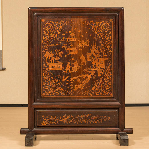 清 红木高浮雕三英战吕布背嵌黄杨木人物故事地屏 商品图1