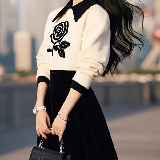 奢姿2024年冬季新款大码女装撞色玫瑰套装胖妹妹小香风半裙两件套9944991985 商品图3