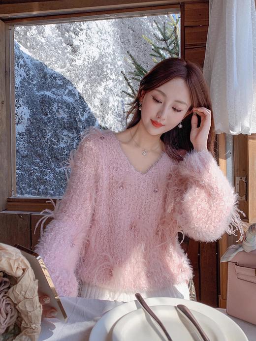 张心子【樱花白茶】仙女慵懒风宽松弹力手工羽毛毛衣 U2411095 商品图2