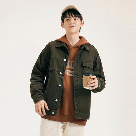 gxg.jeans男装秋冬夹克男青年时尚翻领军绿牛仔外套 商品图1