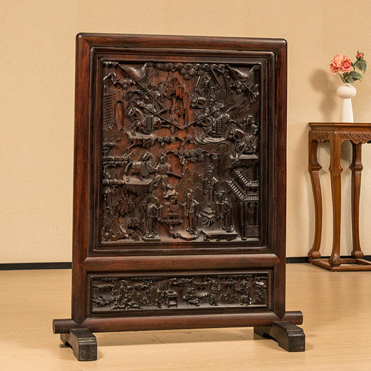 清 红木高浮雕三英战吕布背嵌黄杨木人物故事地屏 商品图3