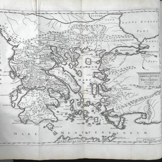 【拉丁语】41*28cm！含藏书票！1745年 修昔底德《伯罗奔尼撒战争史》 2幅版画插图2幅展开地图 全犊皮精装 商品图7