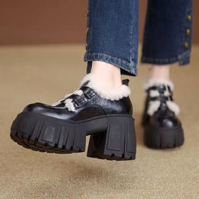 【预售5天】厚底乐福鞋女秋冬新款韩版休闲粗跟加绒加厚一脚蹬黑色小皮鞋ZMXY&ZM5122