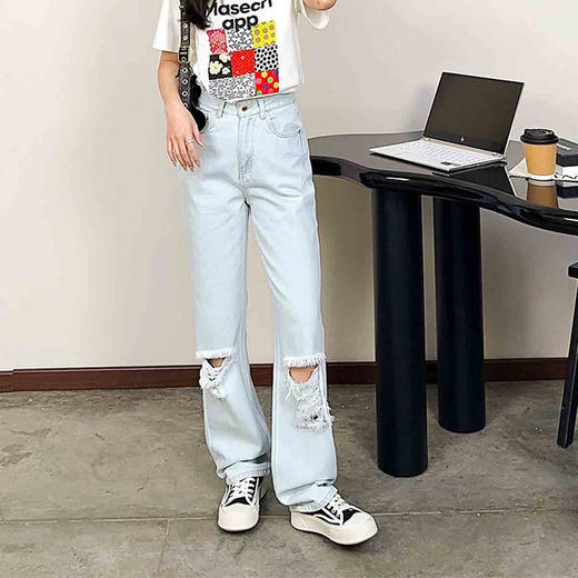 【顺丰包邮】35026 洛诗琳设计感高腰修身破洞直筒牛仔裤女053 商品图0