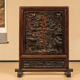 清 红木高浮雕三英战吕布背嵌黄杨木人物故事地屏