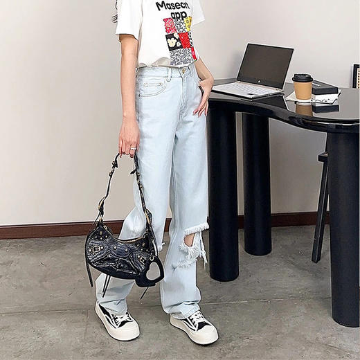 【顺丰包邮】35026 洛诗琳设计感高腰修身破洞直筒牛仔裤女053 商品图2