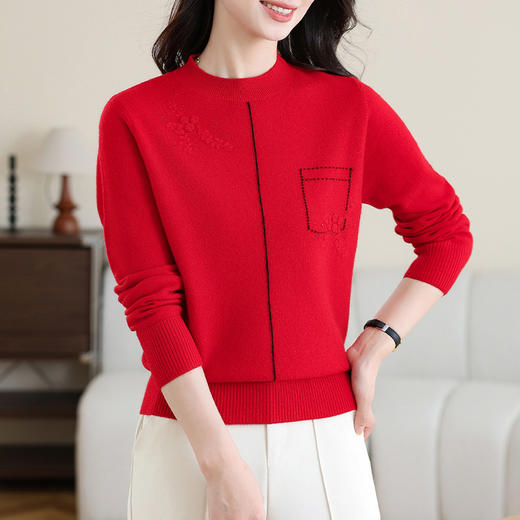 CC-MH-331女士100纯羊毛衫新款2024秋冬季针织打底衫内搭绣花上衣妈妈毛衣 商品图3