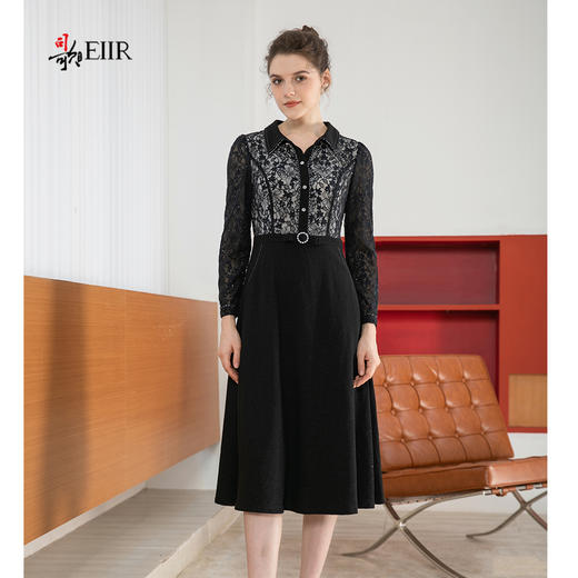司歌蕾丝长袖连衣裙收腰端庄黑裙A901205X 商品图4