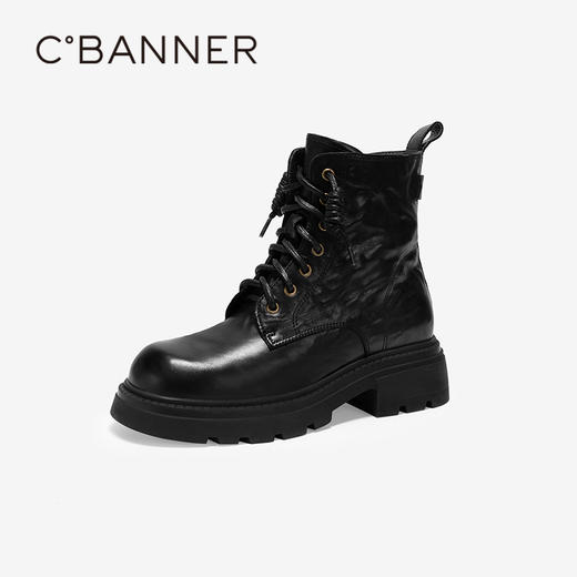 千百度加绒手抓皮厚底马丁靴女款百搭冬季气质增高真皮保暖短靴子A24532160 商品图1