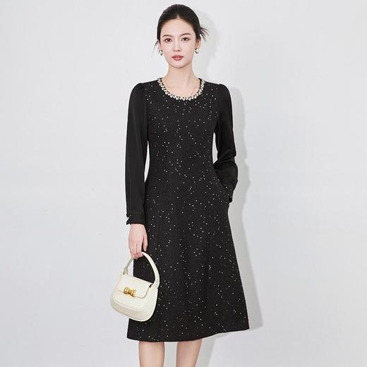 【高货wl】全新升级【铂金会员321/天猫429/差价108】(40646) 洛诗琳秋冬时尚气质长袖点钻圆领镶钻收腰拼接袖连衣裙 商品图1