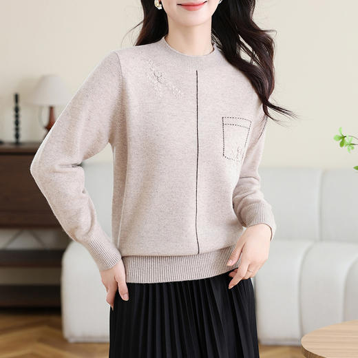 CC-MH-331女士100纯羊毛衫新款2024秋冬季针织打底衫内搭绣花上衣妈妈毛衣 商品图2