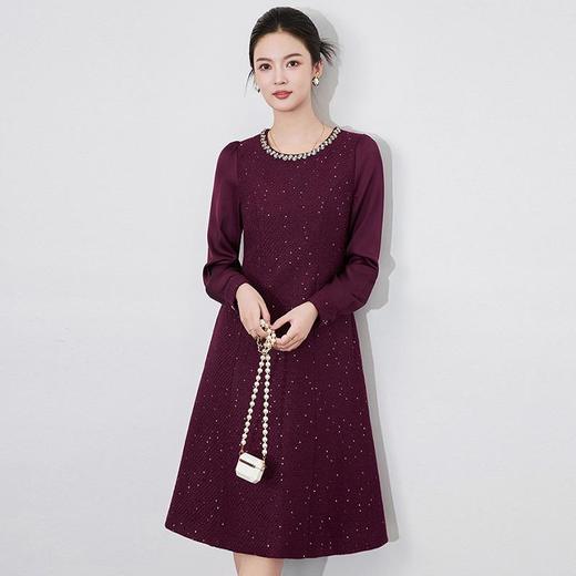 【高货wl】全新升级【铂金会员321/天猫429/差价108】(40646) 洛诗琳秋冬时尚气质长袖点钻圆领镶钻收腰拼接袖连衣裙 商品图3