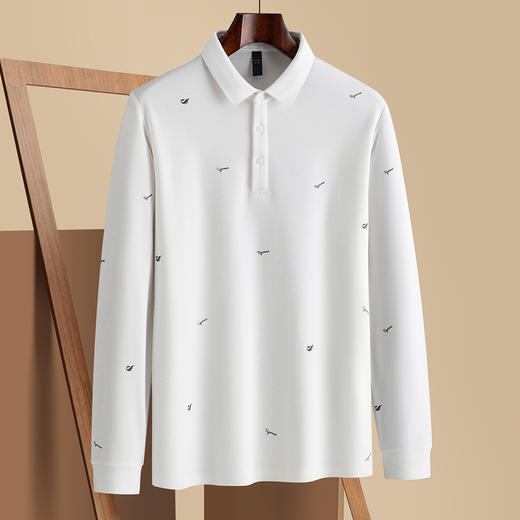 罗蒙秋冬男士Polo衫满印含羊毛蚕丝休闲百搭双面磨毛polo衫男长袖t恤男 商品图1