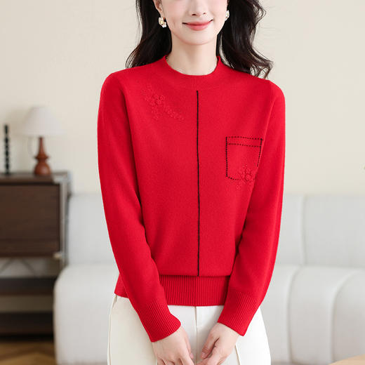 CC-MH-331女士100纯羊毛衫新款2024秋冬季针织打底衫内搭绣花上衣妈妈毛衣 商品图0