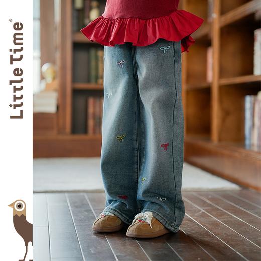 littletime女童牛仔裤秋冬加绒宽松长裤2024新款刺绣儿童直筒裤子 商品图0