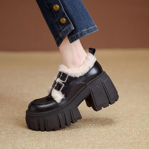 【预售5天】厚底乐福鞋女秋冬新款韩版休闲粗跟加绒加厚一脚蹬黑色小皮鞋ZMXY&ZM5122 商品图2