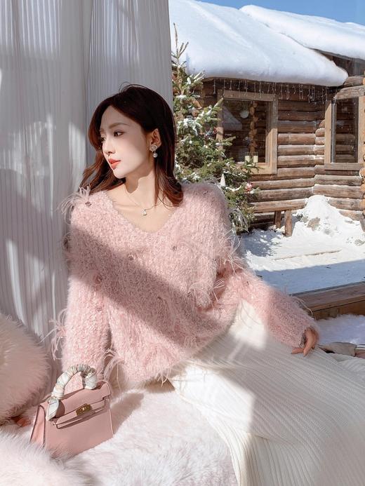 张心子【樱花白茶】仙女慵懒风宽松弹力手工羽毛毛衣 U2411095 商品图4