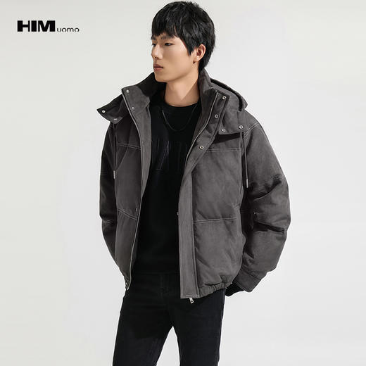 HIM漢崇  细腻仿麂皮绒羽绒服撞色缉明线【可拆连帽】外套2025冬季 商品图1