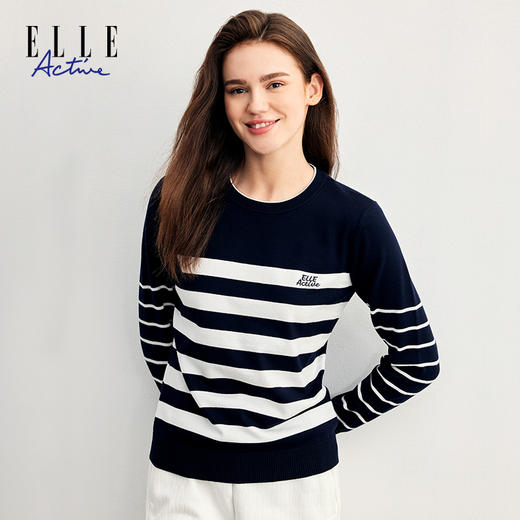 ELLE Active秋冬新款休闲条纹圆领套头毛衣时尚毛针织衫上衣 商品图0