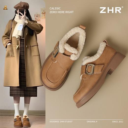 ZHR加绒勃肯鞋女2024冬新款厚底乐福鞋复古小皮鞋保暖雪地靴棉鞋 商品图0