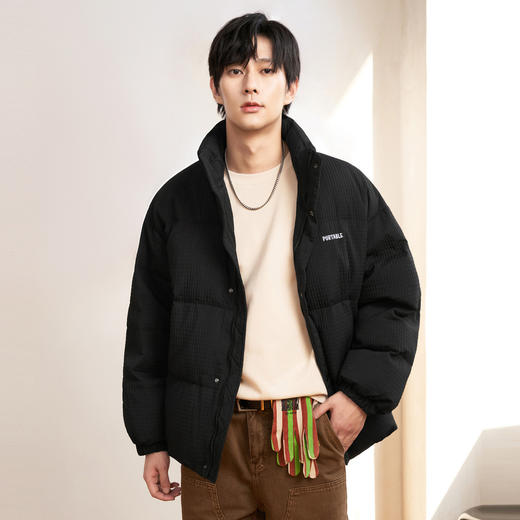 gxgjeans男装冬季热卖90白鸭绒黑色短款立领华夫格羽绒服男 商品图1